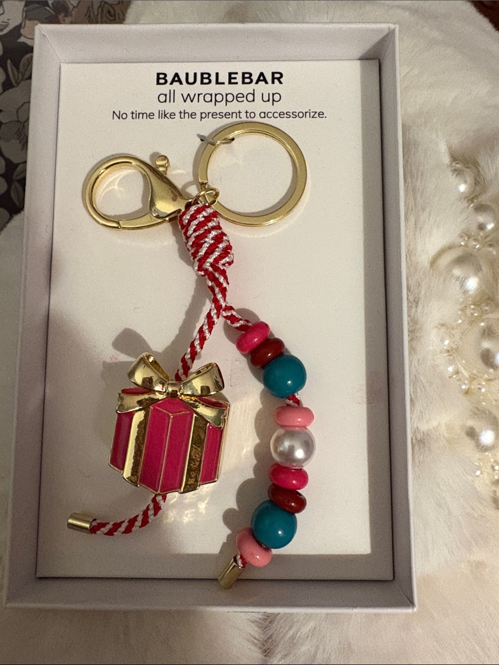 BaubleBar Pink & Teal Gift Charm Keychain with Gold Hardware